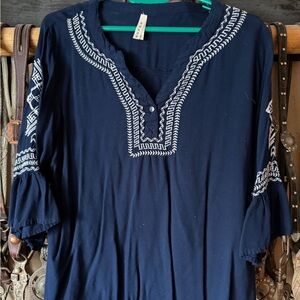 Roper Dark Blue Blouse with White Embroidery